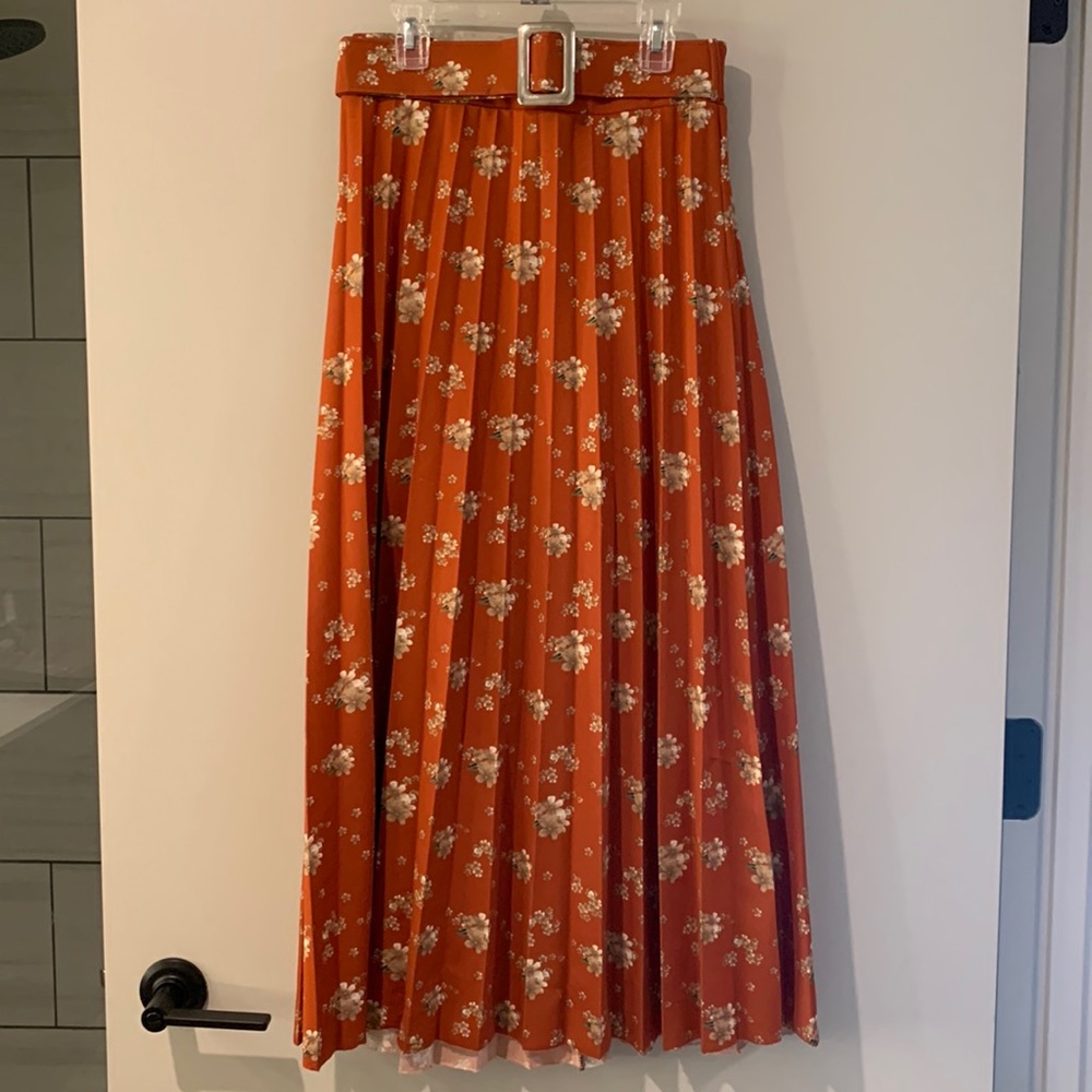 Terracotta Orange Pleated Floral Belted Maxi Skirt